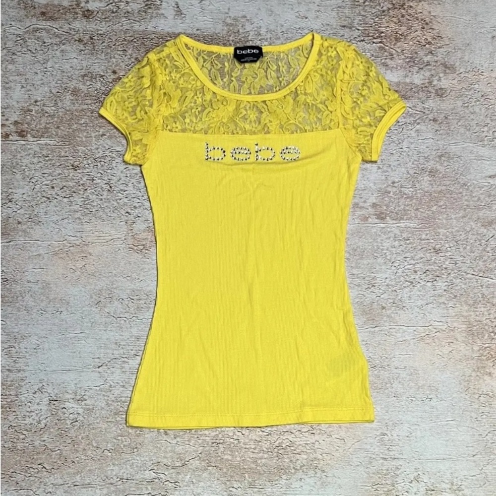Bebe Yellow Lace Accent Tee